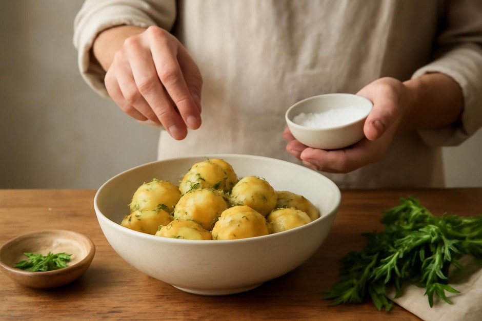 hands seasoning a bowl of boiled potatoes with salt and herbs